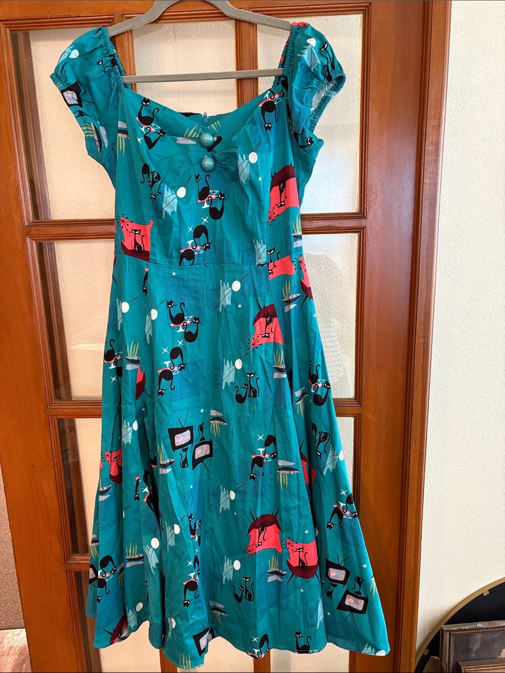 Collectif Teal Retro Cats Delores Dress size small